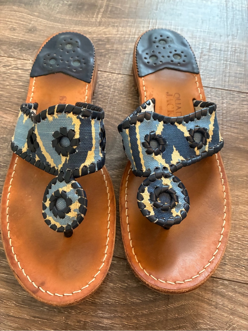 Jack Rogers Blue and Tan Woven Toe-Thong Sandals